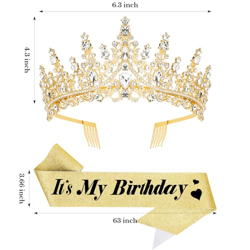 CURASA Birthday Sash and Crown Gold Birthday Sash for Women Birthday Crown adult Women Giltter Its My Birthday Sash Birthday Tiara for Women Girls Princess Crown Birthday Decoration Party Favors Gifts