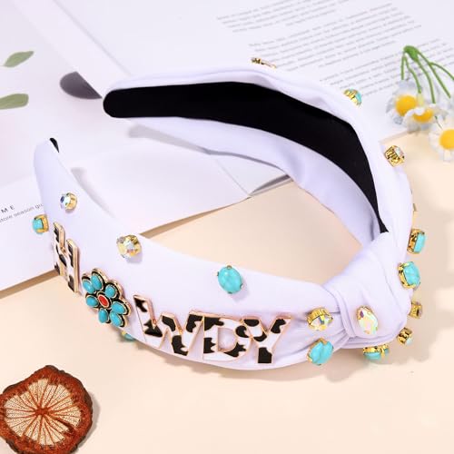 Western Cowgirl Headband Accessories for Women Cowgirl Cowboy Boot Embellished Headband Rhinestone Crystal Pearl Top Knot Headband Rodeo Nashville Bachelorette Party Country Concert Outfit (White 2)