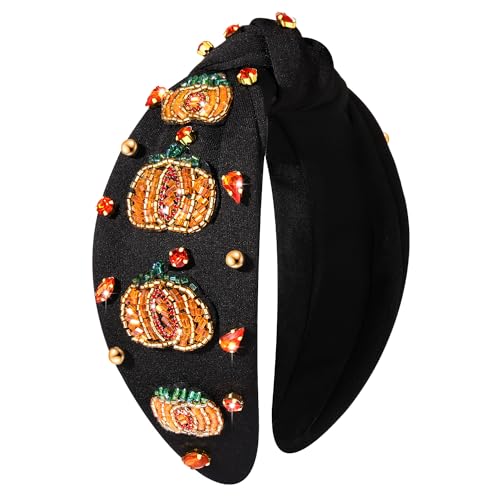 NVENF Halloween Headband Accessories for Women Crystal Pearl Knotted Headband Embellished Beaded Pumpkin Candy Corn Boo Headbands Rhinestone Jeweled Top Knot Headband Costume Party Favors (Pumpkin 4)