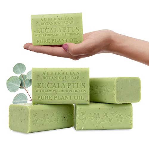 Australian Botanical Soap, Eucalyptus with Lemon, Lime, and Petitgrain 6.6 oz. (187 g) Soap Bars | Natural Soap Base | All Skin Types | Women & Men | Shea Butter Enriched Bar Soap - Pack of 4