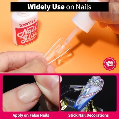 Teenitor Nail Glue for Press Ons, 3 Pack Best Nail Glue for Gel Tips with Nail Files, Super Strong Nail Glue for Broken Nail Brush on Nail Glue for Press on Nails