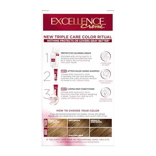 L'Oreal Paris Excellence Crème Permanent Hair Dye, Triple Care Hair Color with Hyaluronic Acid for 100% Gray Coverage, 6 Light Brown, 1 Kit (Packaging May Vary)