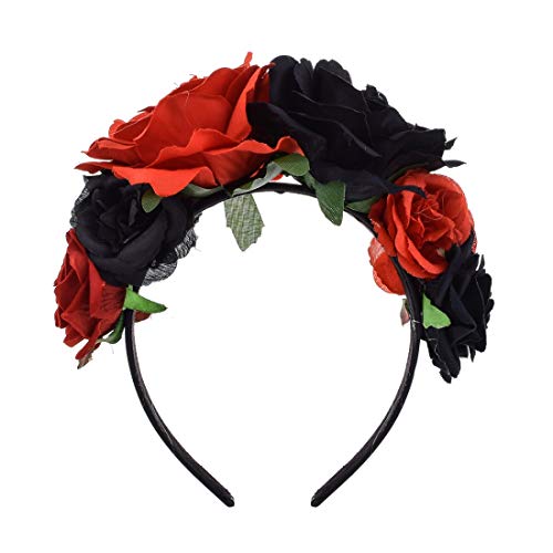 Vividsun Rose Flower Headband Floral Crown Day Of The Dead Headpiece (A-red/black)