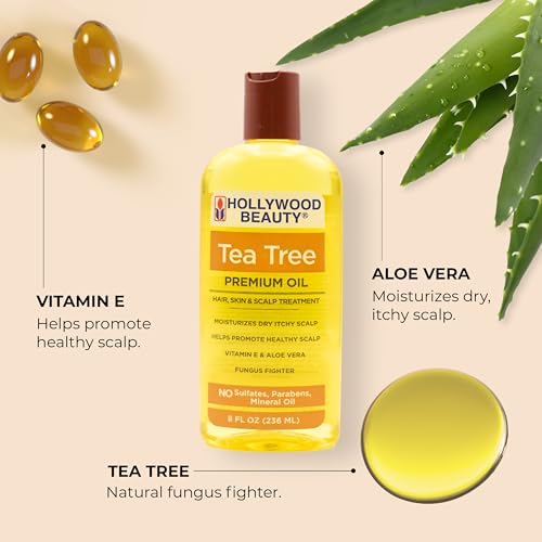 Hollywood Beauty Tea Tree Oil for Hair, Scalp, and Skin, 8 fl oz - Moisturizes Dry, Itchy Scalp, Fungus Fighter, Blended with Vitamin E & Aloe