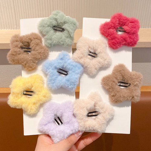 Handmade Korean Plush Star Hair Clip Soft Fluffy Duckbill Clip for Women