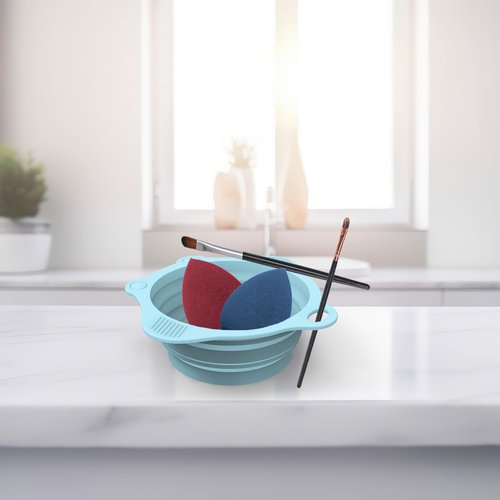 2PC Foldable Silicone Makeup Brush Cleaner Pad Bowls, YalsFTY Portable Mat Scrubber Cleaning Tool for Makeup Brushes (Khaki and Blue)