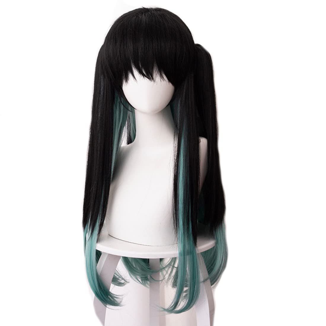 Aadesso Anime Kimetsu no demon Cosplay Tokitou Muichirou Long Gradient Black Blue Hair with Two Tail-Clips