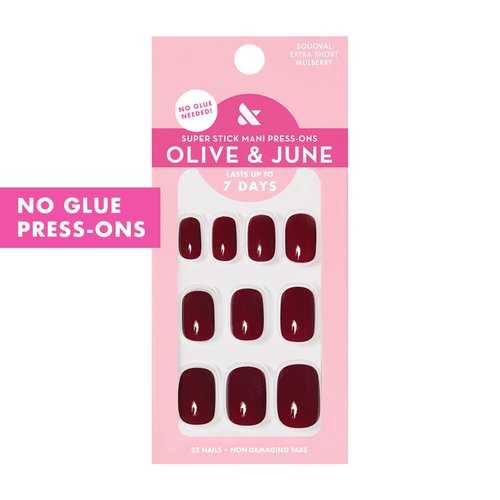 Olive & June Press-On Nails - Classic Super Stick | No Glue Needed | 32 Tabs in 16 Sizes | Non-Toxic, Easy On-Off, Realistic Look | Extra Short, Squoval | Mulberry Maroon