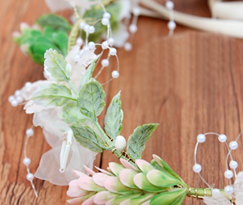 Vivivalue Pearl Flower Crown Floral Garland Headband Flower Halo Headpiece Hair Wreath Boho with Ribbon Wedding Party Photos Festival