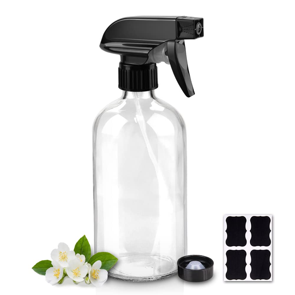 Worldgsb Glass Spray Bottles - 16oz Refillable Boston Round Containers with Adjustable Nozzle & Labels - Clear