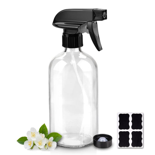 Worldgsb Glass Spray Bottles - 16oz Refillable Boston Round Containers with Adjustable Nozzle & Labels - Clear