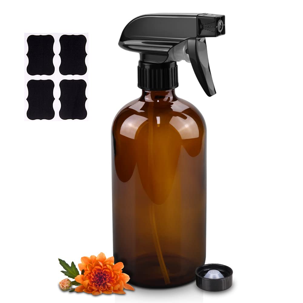 Worldgsb 16oz Amber Glass Spray Bottles - Reusable with Labels & Adjustable Nozzle for Cleaning, Food, Plants
