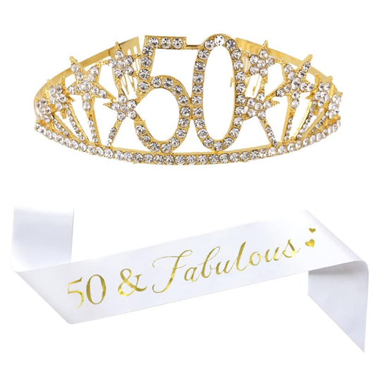 Happy 50th Birthday Tiara and Sash Gifts Crystal Rhinestone Princess Crown Birthday Queen Party Favor Supplies Gold Crowns White Sash