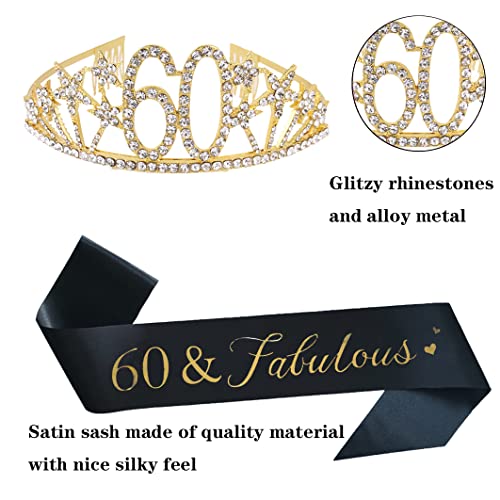 Happy 60th Birthday Tiara and Sash Gifts Crystal Rhinestone Princess Crown Birthday Queen Party Favor Supplies Gold Crowns Black Sash