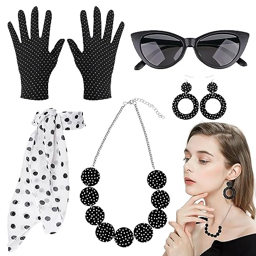 BXT 1950s Women Costume Accessory Set - 50s Vintage Polka Dot Jewelry, Gloves, Hairband, Scarf, Glasses for Halloween