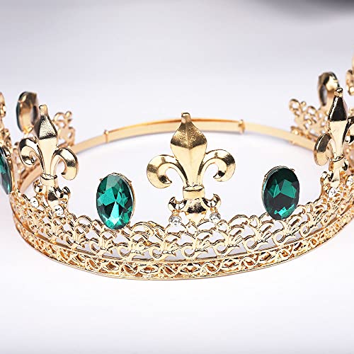 Crown Crystal Rhinestone Tiaras Bridal Headdress King Wedding Hair Accessory For Birthday Party Show Prom Photography (Gold Green)