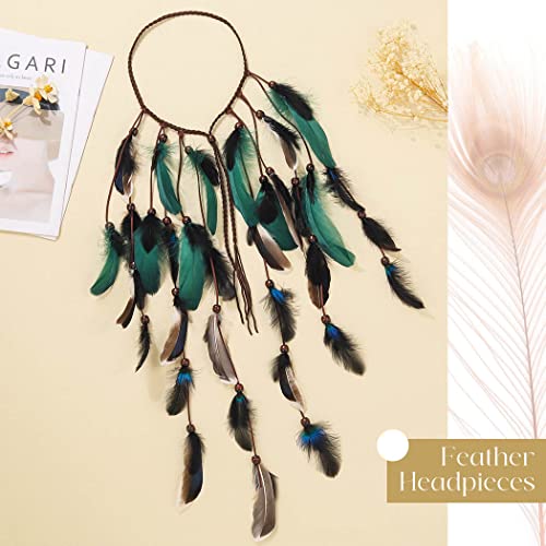 CAKURE Boho Feather Headbands Indian Headdress Gypsy Headpiece Peacock Hair Bands Bohemian Hippie Headbands Adjust Headwear Long Feather Hair Accessories for Women and Girls (Type C)