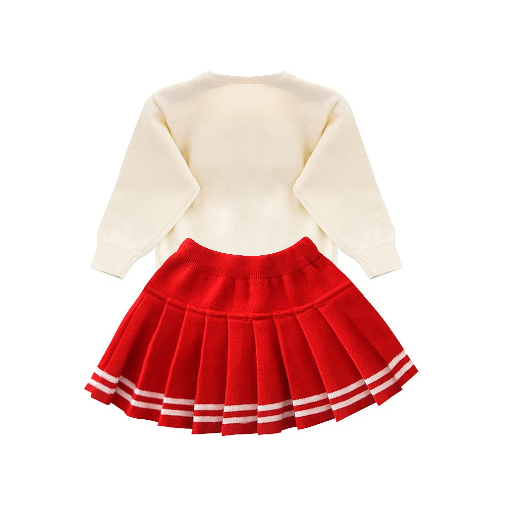 Toddler Baby Girls Autumn Winter Fall Clothes Knit Long Sleeve Ruffle Sweater Top+Pleated Mini Tutu Skirt 2pcs Outfit for Kids Princess Casual Playwear Homewear Clothing Set Red-Bow 5-6X