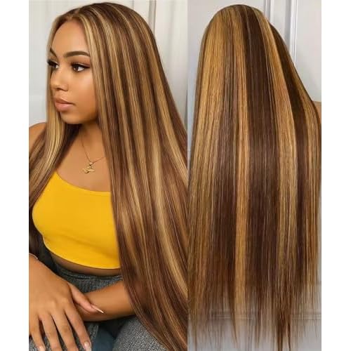 Highlight Ombre Lace Front Wig Human Hair 13X6 Honey Blonde Straight HD Lace Frontal Wig Pre Plucked Tangle-Free 200 Density Brown Wig 4/27 Colored Real Virgin Human Hair 22 Inch