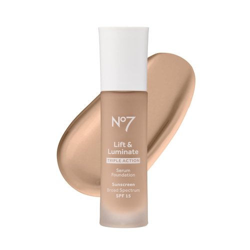 No7 Lift & Luminate Serum Foundation - SPF 15 Liquid Makeup for Dewy Glow - Radiant Formula for Mature Skin - Cool Ivory (1 Fl Oz)