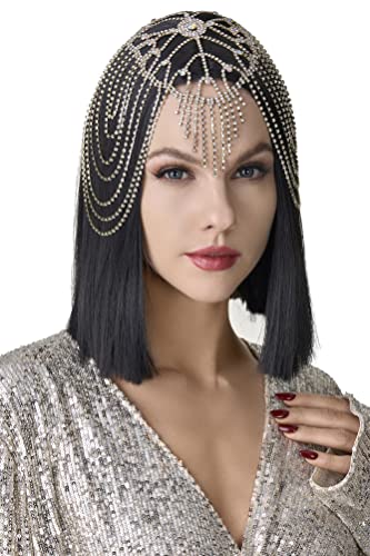 BABEYOND Vintage Style Roaring 20s Crystal Rhinestone Flapper Cap Headpiece Head Jewelry Chains (Gold)