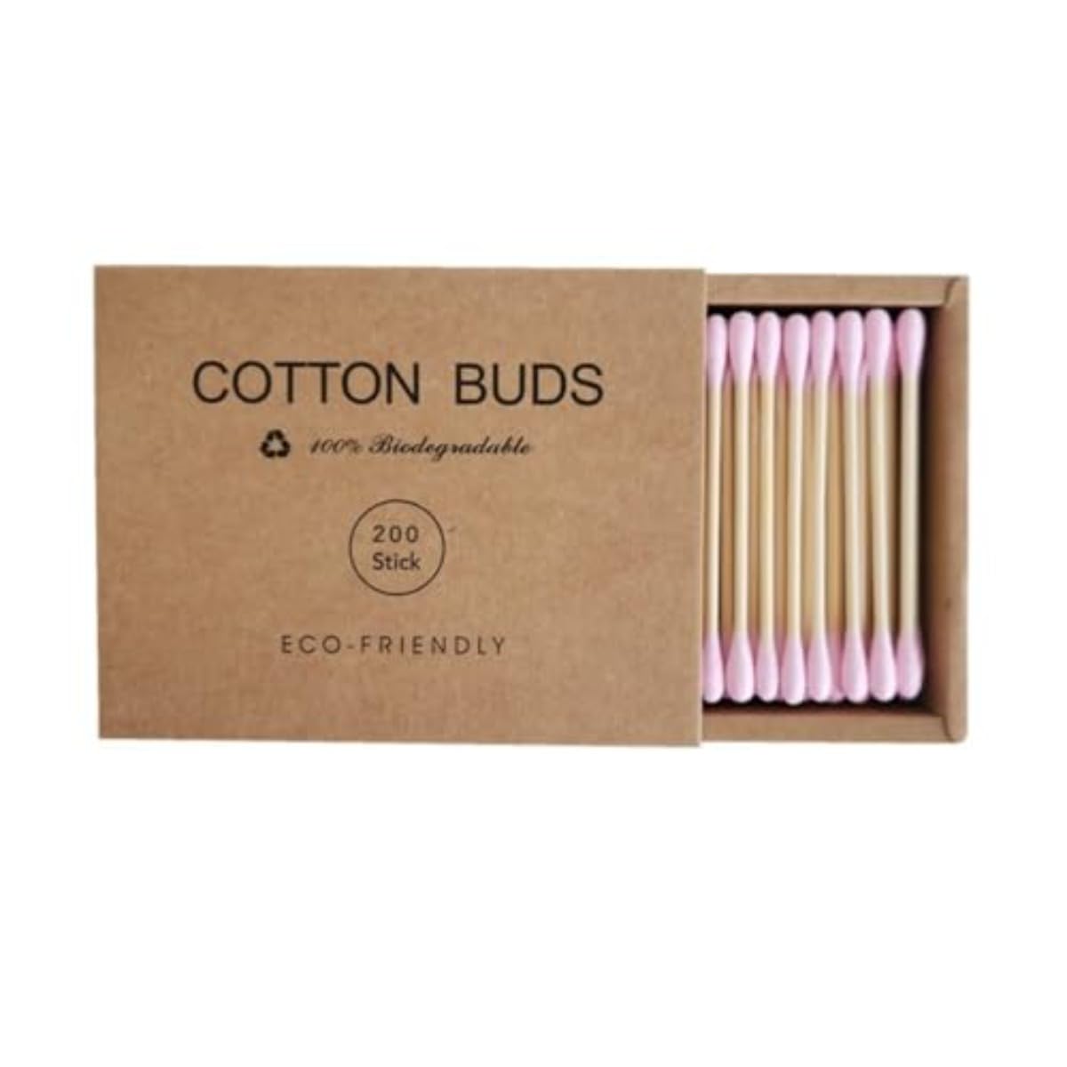 Pink Cotton Swabs 200pcs Natural Cotton Buds Biodegradable Organic Double Tips for Ear Wax Removal (200PCs,Pink)