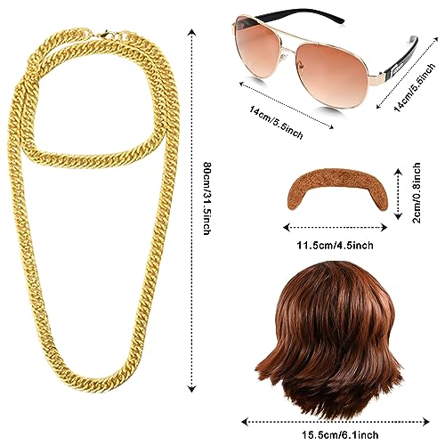 5Pcs 70s 80s Disco Wigs Set with Mustache Sunglasses Gold Chain Hairnet, Brown Afro Short Hair Synthetic Mullet Toupee for Adult Mens 50s 60s Singer Rocker Hippies Costumes Cosplay Halloween Party