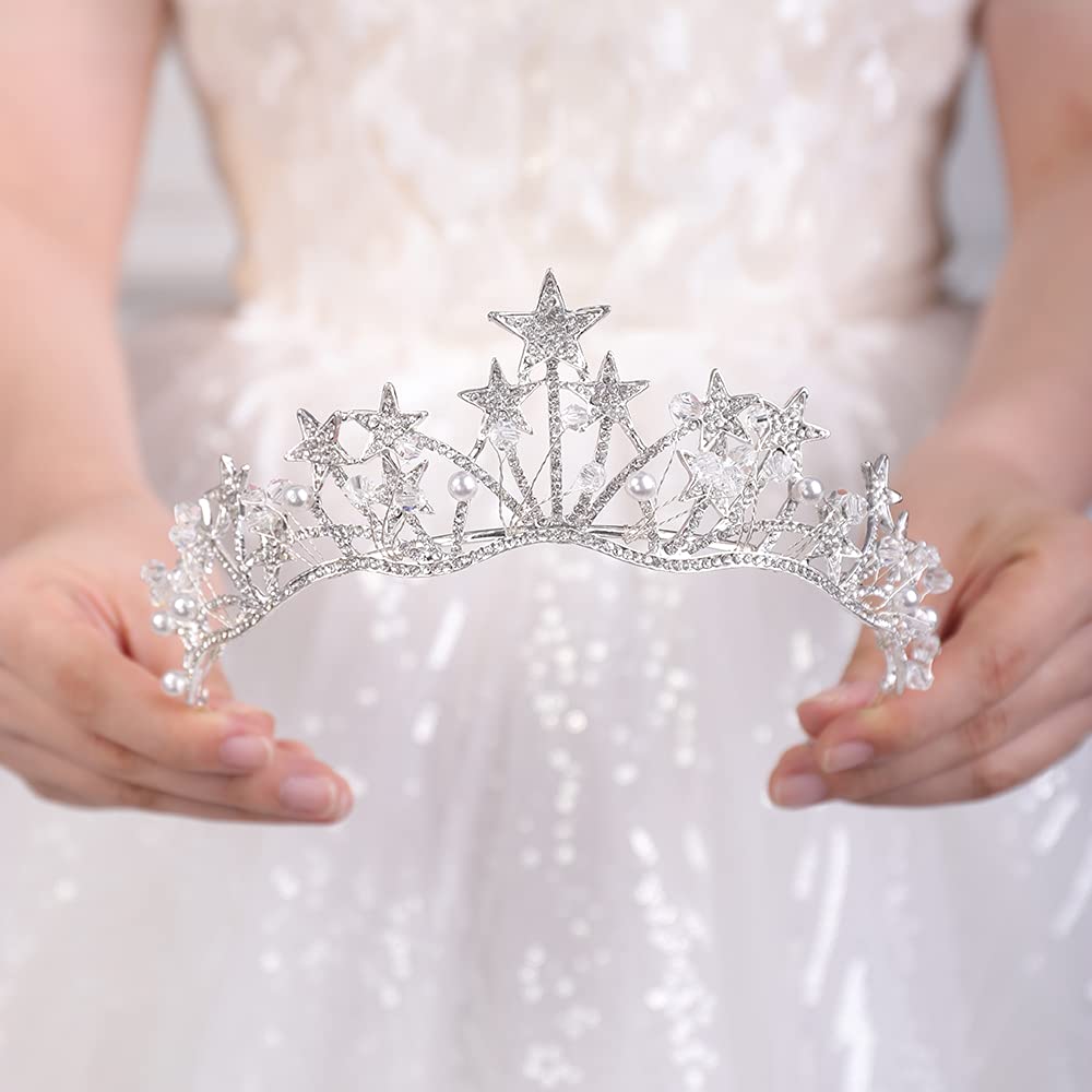 wekicici Rhinestone Tiara Star Wedding Princess Crown Bridal Headpiece Crystal Headband Gifts for Women Birthday Prom Bridal Party Pageant Halloween Costume(Silver), weki-1-crown-12-s