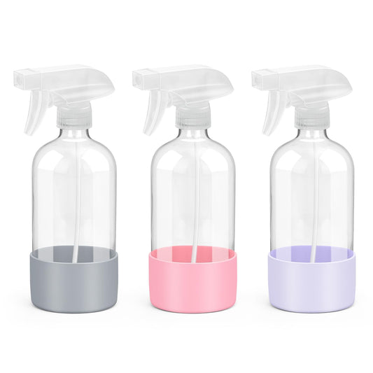 Rionisor Glass Spray Bottles with Silicone Sleeve Protection, Empty 16 oz Refillable Containers, Reusable Spray Bottles for Hair, Cleaning Solutions, 3 Pack Grey&Pink&Purple