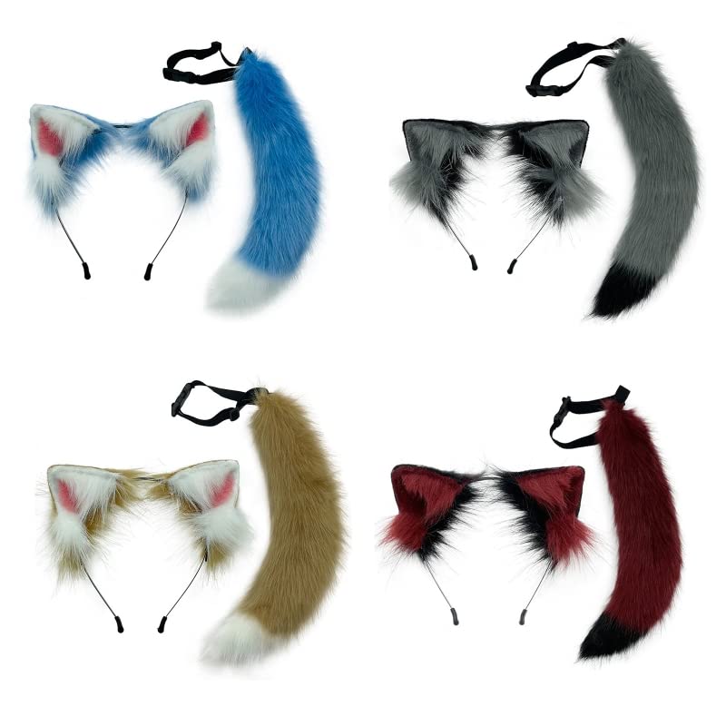 Wolf Ears Headbands Tail Furry Animal Ears Headwear Fox Kitten Cat Hair Hoop for Halloween (Blue and White Ears),Blue,white,One Size