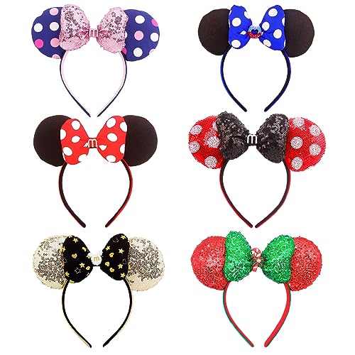 Jing xin Golden Mouse Ears Headbands, 1 PCS Pu Mouse Ears for Women Girls,Glitter Bow Headbands Themed Park Ears Cosplay Accessories