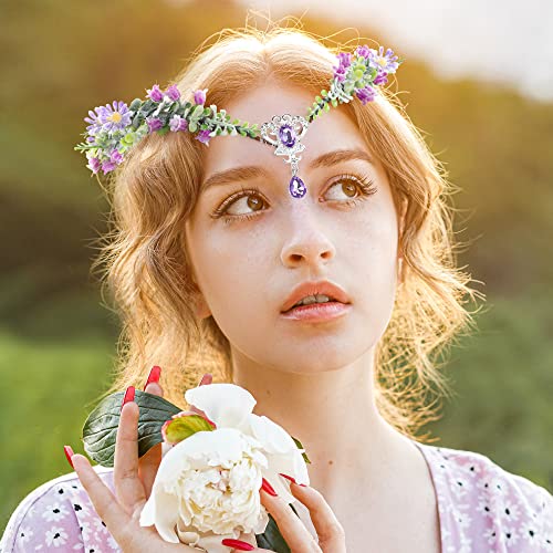 MOSTORY Woodland Fairy Flower Crown - Floral Elf Headpiece with Crystal V-shape Elven Tiara Wreath Boho Headband for Women Girl Renaissance Cosplay Halloween Christmas Party Wedding