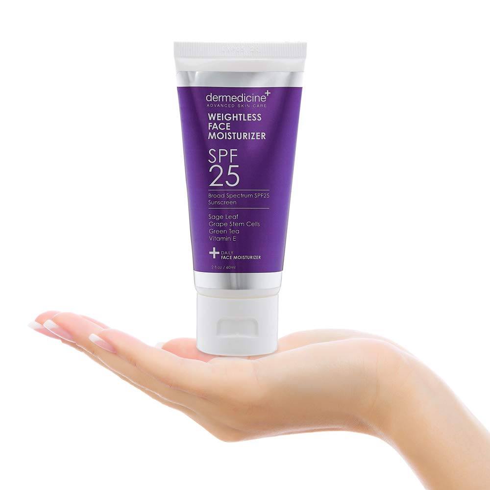 Weightless Daily Face Moisturizer Zinc Oxide Sunscreen with Broad Spectrum SPF 25 | Physical Mineral UVA/UVB Sunscreen | w/Sage Leave, Grape Stem Cells, Green Tea, Vitamin E | NET WT 2 oz / 60 g