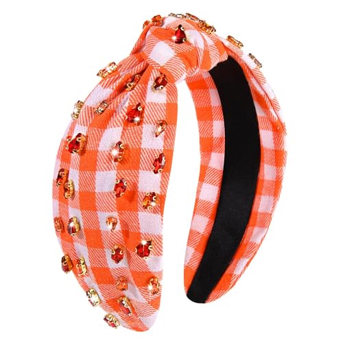 CEALXHENY Thanksgiving Headband Fall Accessories for Women Rhinestone Crystal Knotted Headband Embellished Jeweled Orange Plaid Wide Top Knot Headbands Holiday Outfits Gifts (Thanksgiving 1)