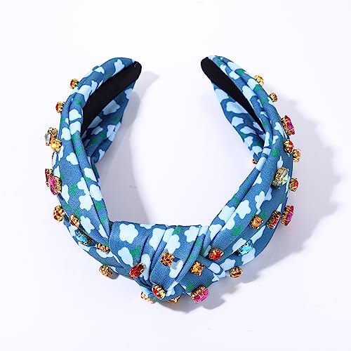 Crystal Knotted Headband for Women Colorful Rhinestone Jeweled Embellished Flower Printed Wide Top Knot Hairband Vibrant Floral Pattern Turban Hair Hoop Funny Gift for Ladies Girls Sister