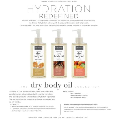 Cuccio Naturale Hydrating Dry Body Oil - Milk & Honey | Fast-Absorbing, Non-Greasy Moisturizer, 15.5 fl oz