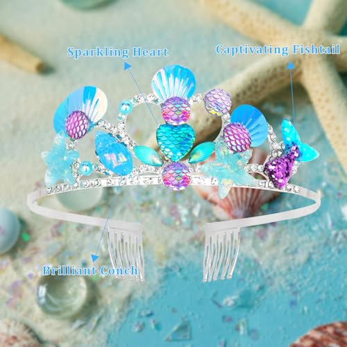 AMCAMI Mermaid Crown Hairband - Blue, for Women's Birthday - Little Mermaid Party Decorations, Hair Accessory with Fish Scales, Comfortable Alloy & Diamond for Mermaid Enthusiasts