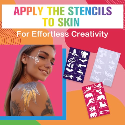 Temporary Tattoo Markers for Skin,15PCS Dual-Ended Tattoo Pen + 50 Paint Stencils + 43 Tattoos Stickers,Glitter & Matte & Neon Glow Body Marker Set, Removable Fake Tattoos Kit for Teens and Adult