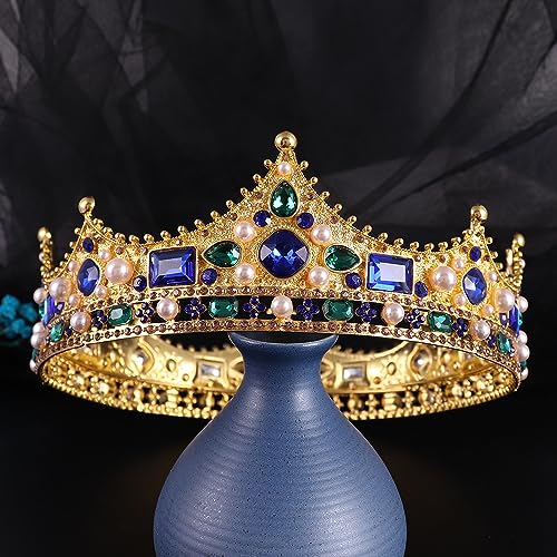 King Crystal Wedding Tiara Vintage Rhinestone Crown Hair Bands For Men Birthday Prom Pageant Hair Accessories (Gold With Blue Stone)