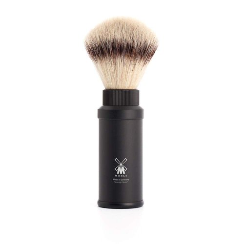 MÜHLE Travel Shaving Brush - Portable Black Aluminum Silvertip Fibre for Luxury Shaving Experience