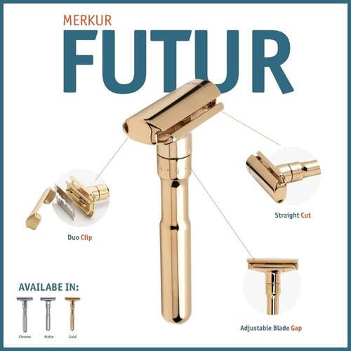 Merkur Futur 702 Adjustable Double Edge Safety Razor - Bright Gold, Eco-Friendly Design, Made in Germany