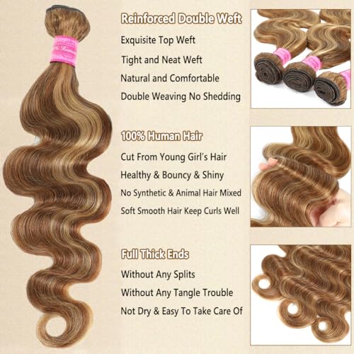Seekomi Ombre Human Hair Bundles Highlight 4/27 Body Wave Bundles Human Hair 16 18 20 Inch 12A 100% Virgin Colored Brown and Blonde 3 Bundles Human Hair Double Weft Quick Weave for Women, 300g