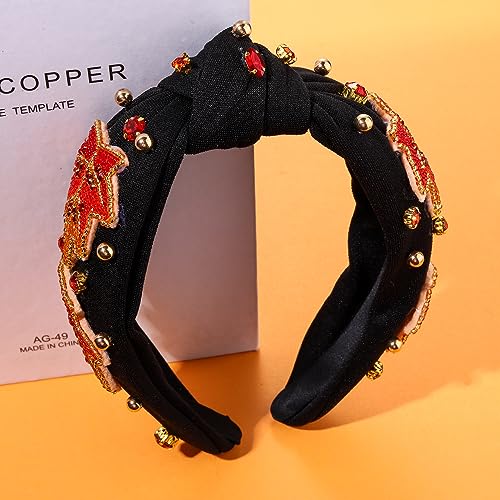 mokkia Fall Headband for Women Thanksgiving Rhinestone Pearl Knotted Headband Orange Beaded Maple Leaf Embellished Headband Wide Top Knot Headband Autumn Fall Accessories Outfits Gifts (Maple Leaf 1)