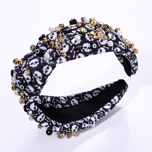 Halloween Headbands Rhinestone Knotted Headband for Women Crystal Spider Candy Corn Jeweled Embellished Wide Top Knot Hairband Halloween Cosplay Party Hair Accessories (Skull charm Print Knot)