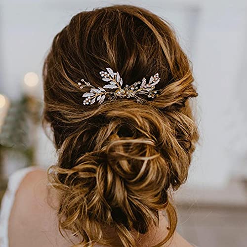 JWICOS Wedding Hair Comb Bride Hair Accessories Leaves Rhinestones Beaded Hair Side Comb Clips for Brides and Bridesmaid