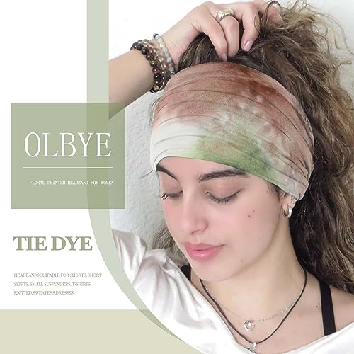 Olbye Headbands for Women Wide Boho Hairbands Knotted Turban Headband Tie Dye Non Slip Elastic Head Bands Floral African Workout Head Wraps Solid Color Yoga Sweatband Cotton Head Scarfs Bohemian Hair