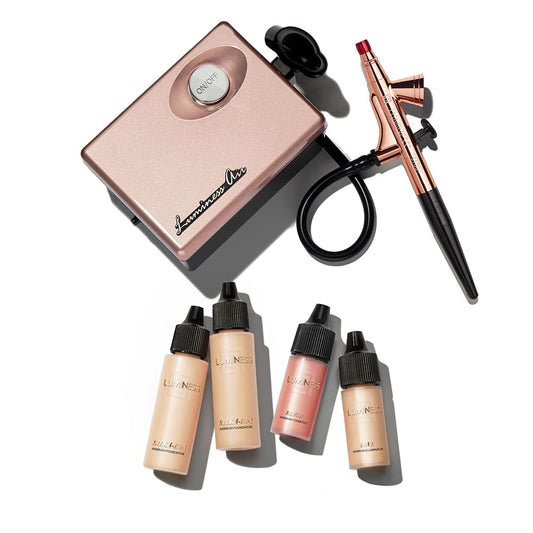 LUMINESS Legend Makeup Airbrush System & 4-Piece Foundation Starter Kit, Shade Medium - Quick, Easy & Long Lasting Application - Includes (2) Silk 4-In-1 Foundation, Highlighter & Blush