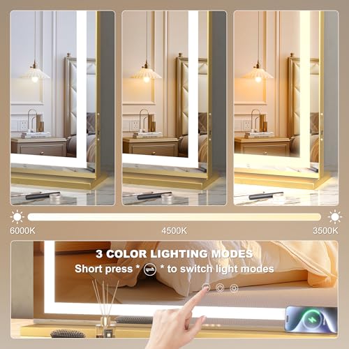 Hasipu Vanity Mirror with Lights, 41.3" x 30" LED Makeup Mirror, Lighted Makeup Mirror with Dimmable 3 Modes, Touch Screen Control Vanity Mirror Round White