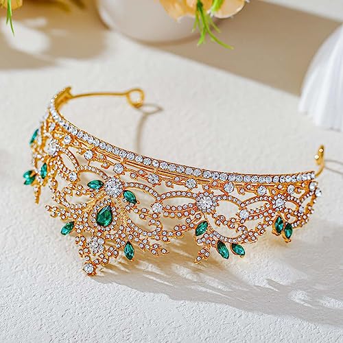 Foyte Baroque Queen Crown Wedding Rhinestone Tiara Gold Bride Crystal Hair Accessories Princess Gemstones Headband Crowns for Women (green rhinestone)