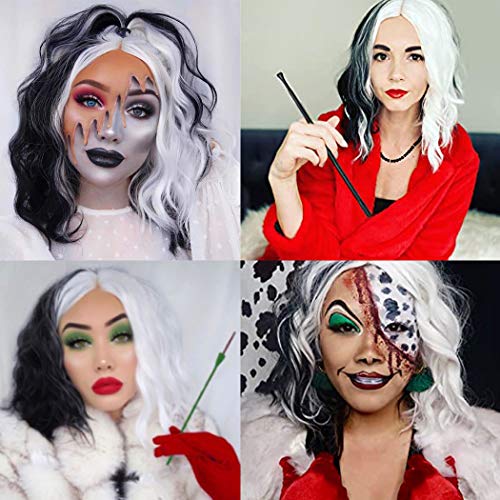 TANTAKO Women Black and White Wigs Short Wavy Half and Half Synthetic Cosplay Wig with Long Red Gloves and Costume Holder for Halloween